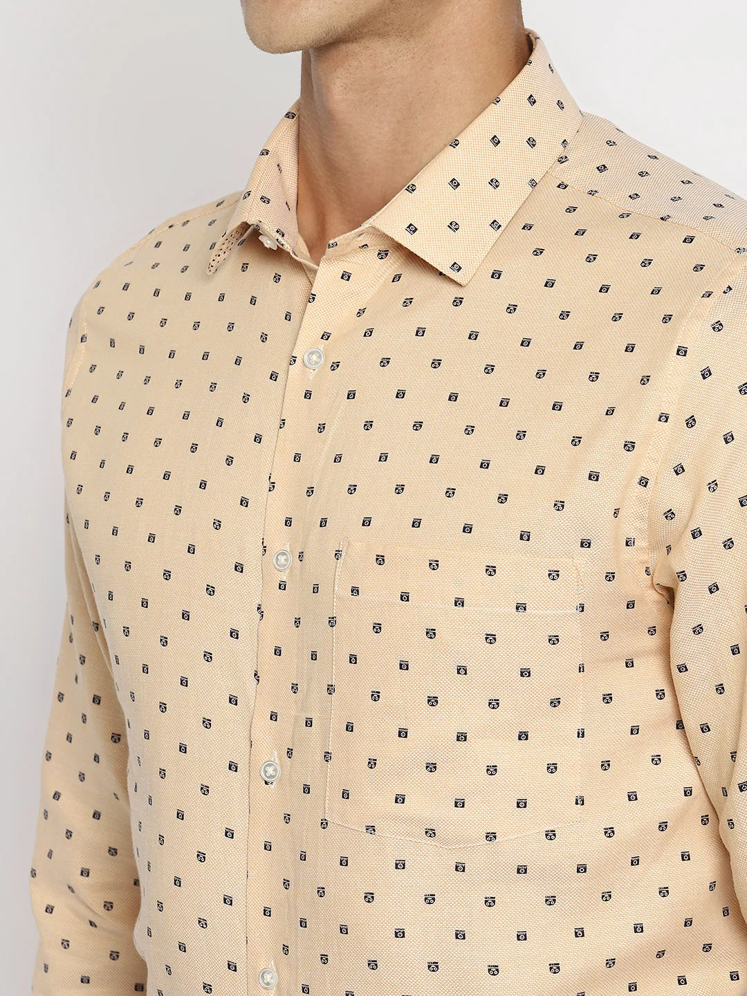 100% Cotton Beige Printed Slim Fit Full Sleeve Formal Shirt