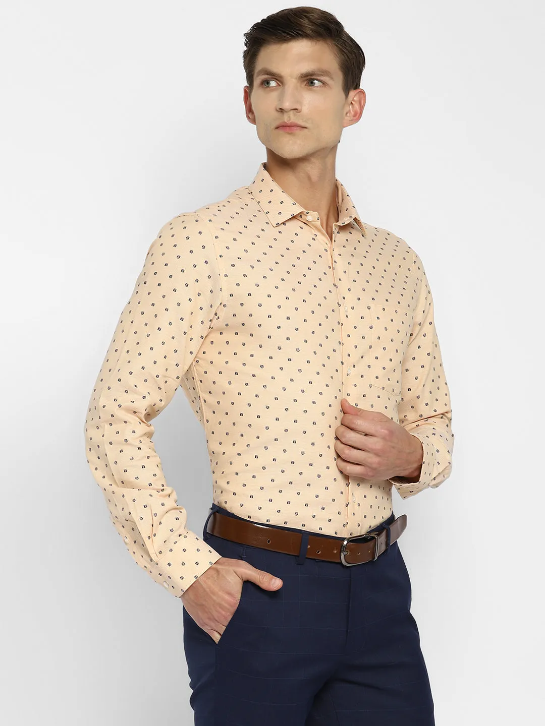 100% Cotton Beige Printed Slim Fit Full Sleeve Formal Shirt