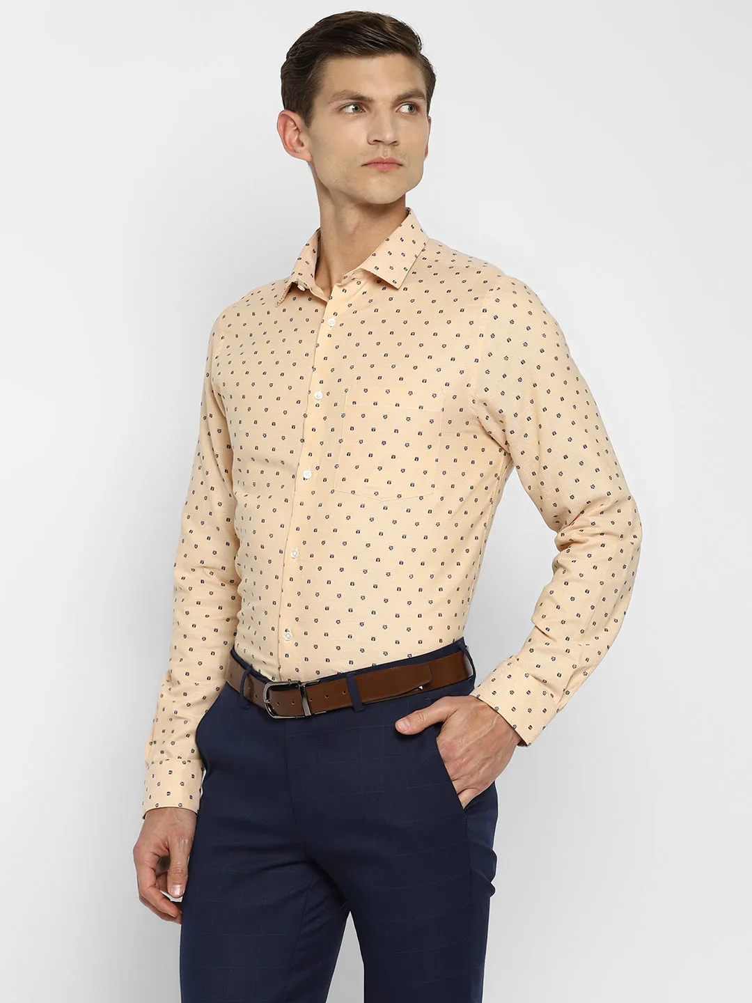 100% Cotton Beige Printed Slim Fit Full Sleeve Formal Shirt