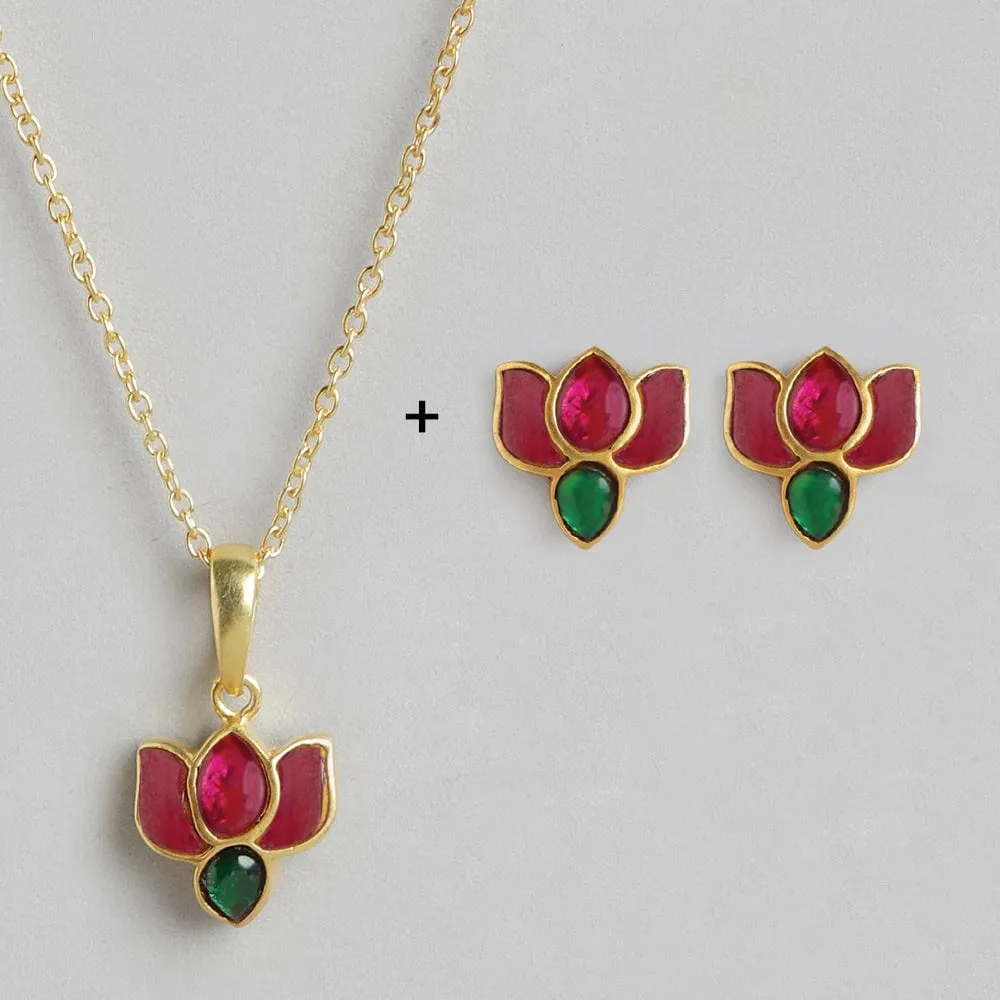 92.5 Silver Crimpson Kundan Lotus Necklace