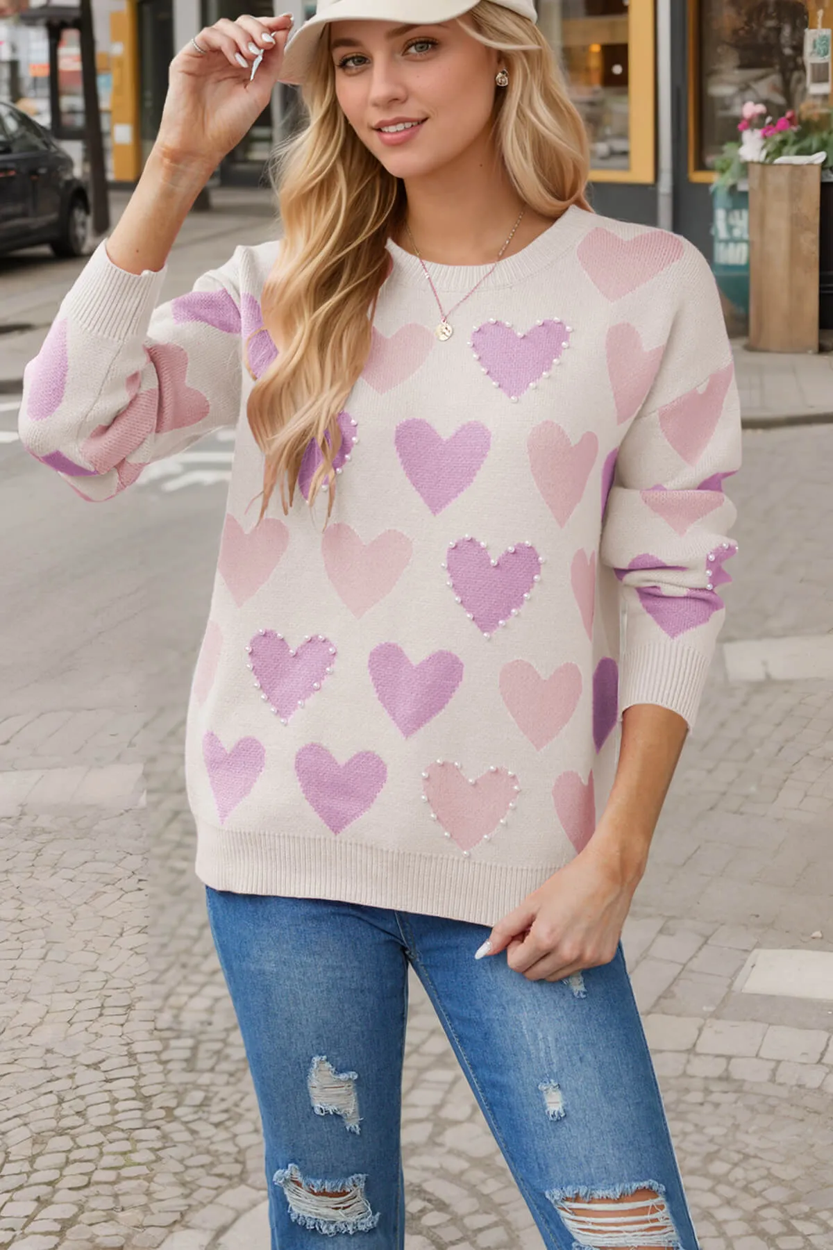 Angelina Heart Pearl Embellished Knit Sweater