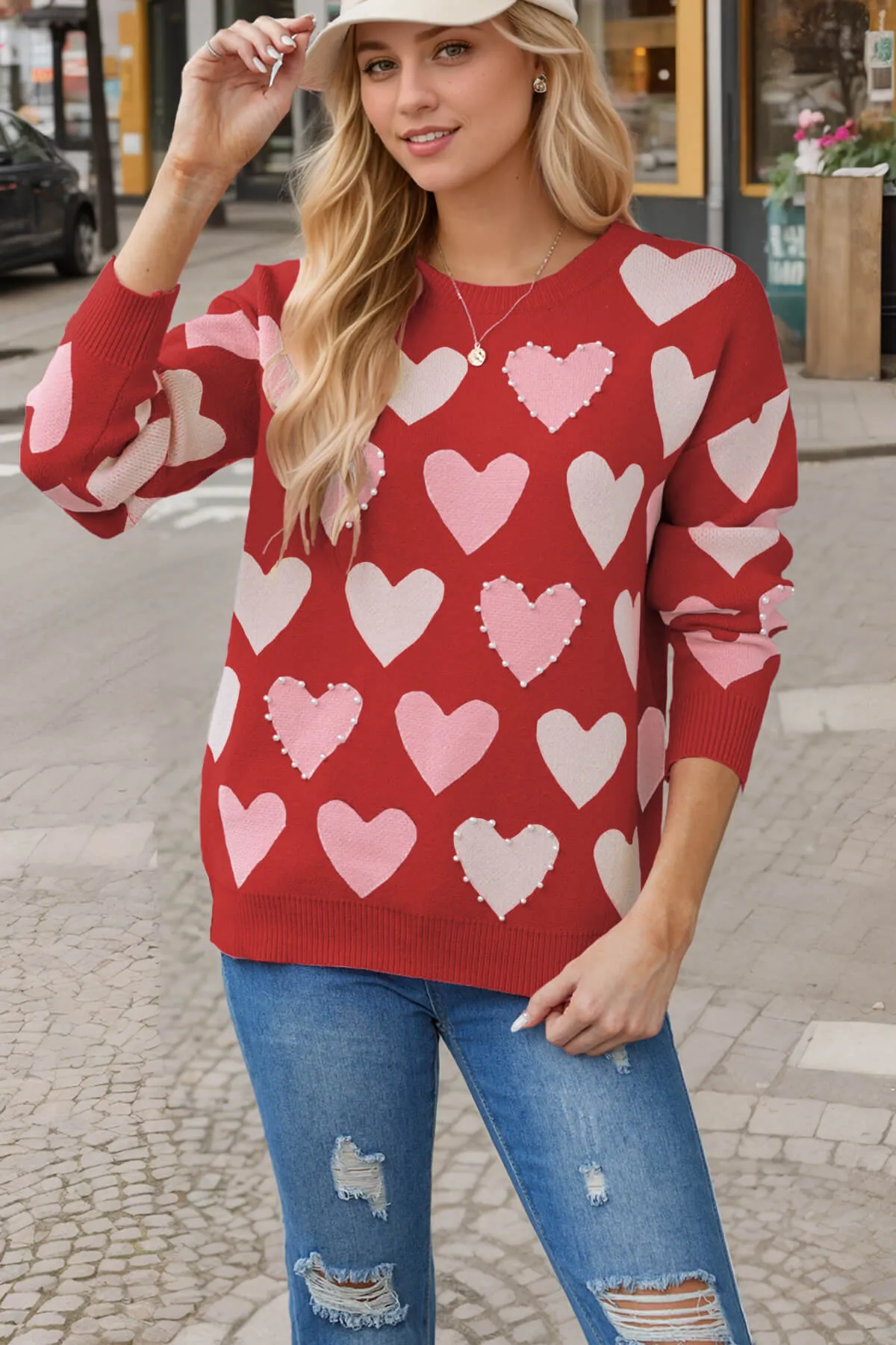 Angelina Heart Pearl Embellished Knit Sweater