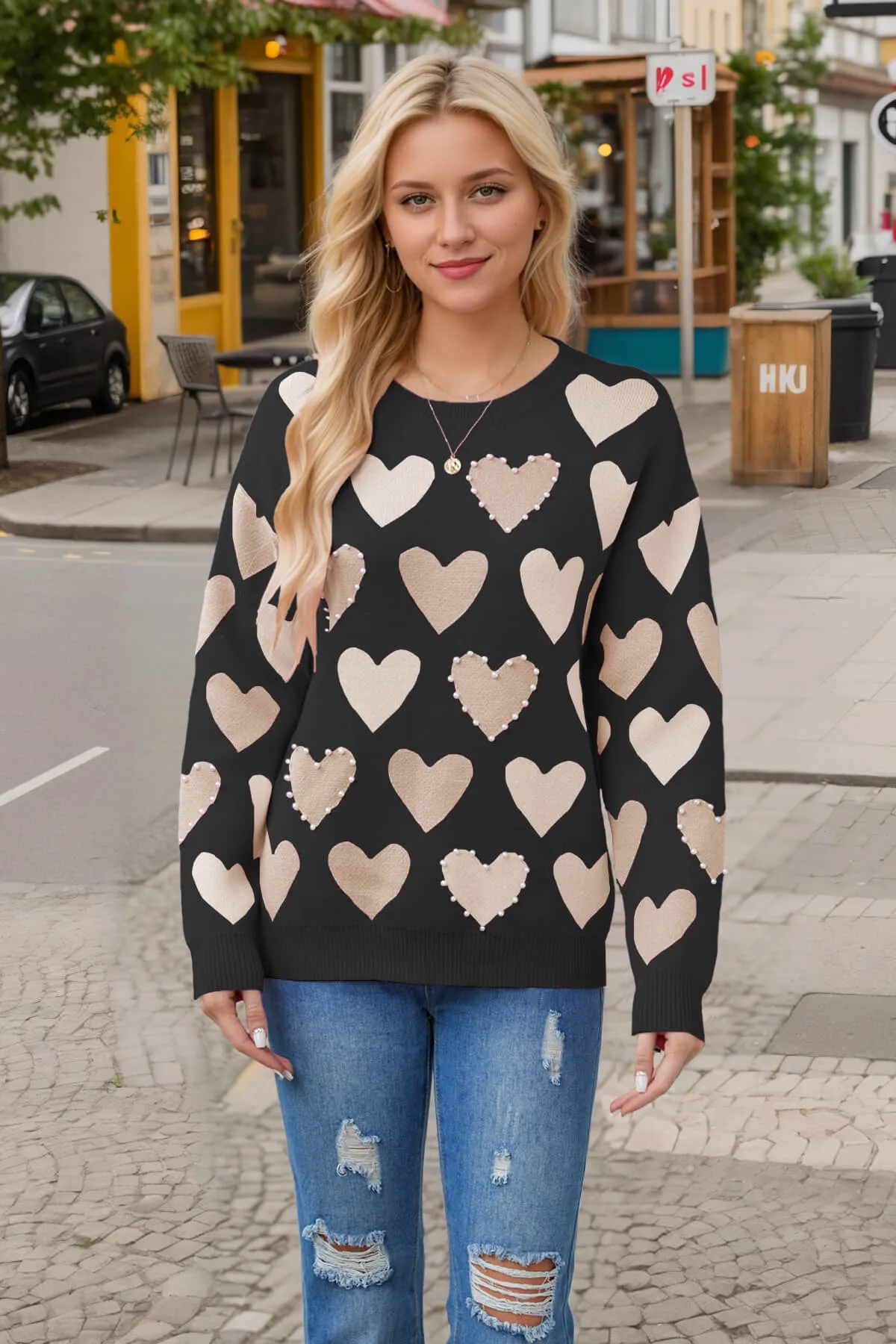 Angelina Heart Pearl Embellished Knit Sweater