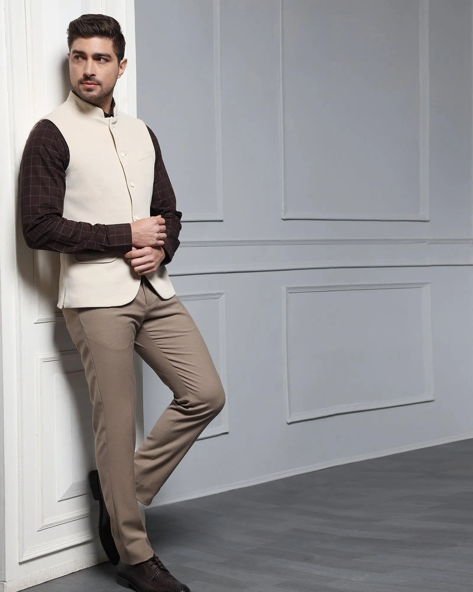 Bandhgala Formal Beige Textured Waistcoat - Cade