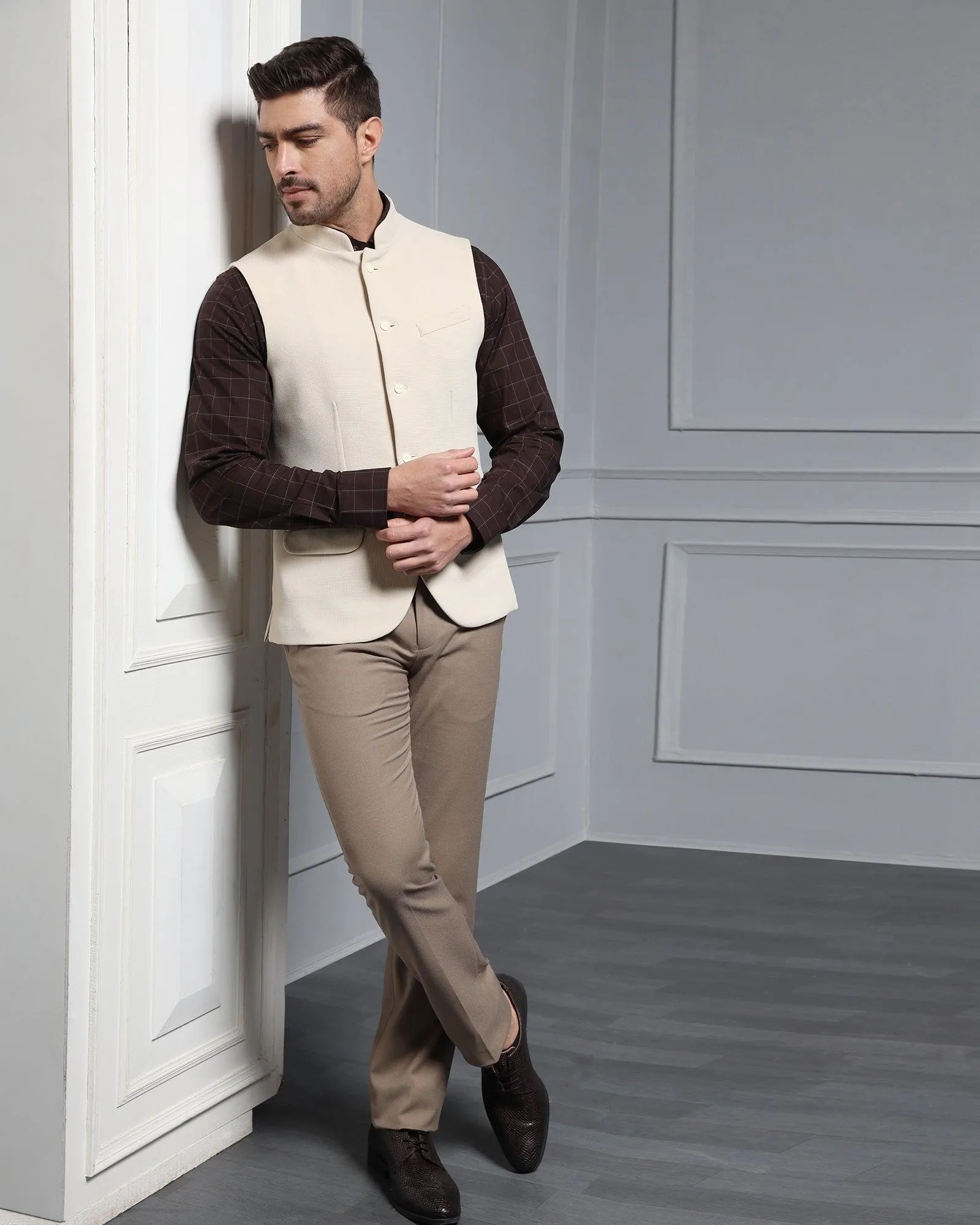 Bandhgala Formal Beige Textured Waistcoat - Cade