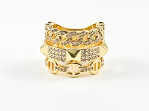 Beautiful Elegant Layered Belt & Chain Design Gold Tone Brass Ring