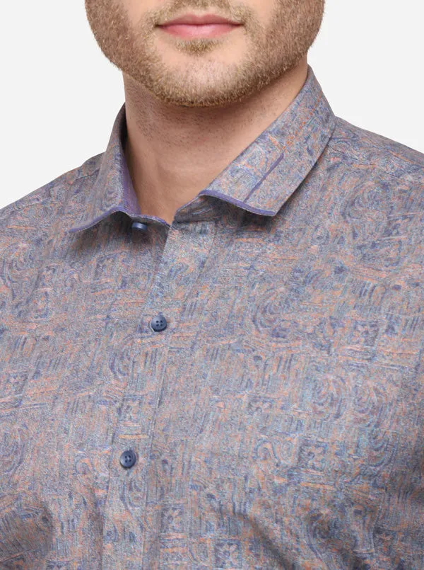 Blue & Brown Printed Slim Fit Party Wear Shirt | JB Studio