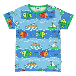 Boat and Fish Short Sleeve Shirt - Blue Grotto - 1 Left Size 9-10 years