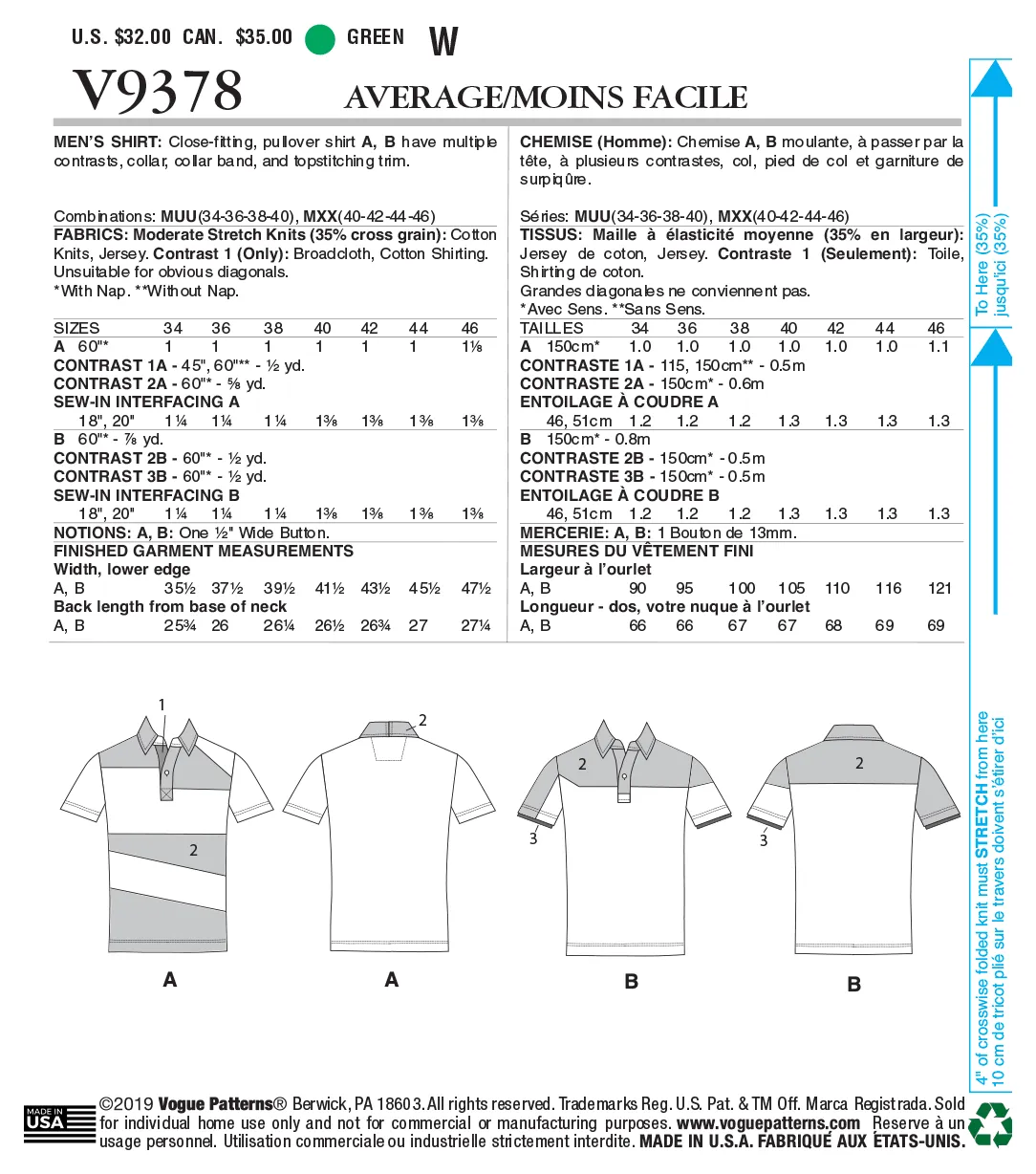 CLEARANCE • VOGUE PATTERN MEN'S SHIRT 9378