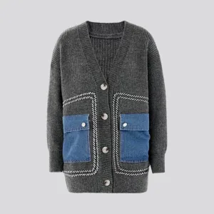 Fashionable cargo pockets jeans cardigan for women