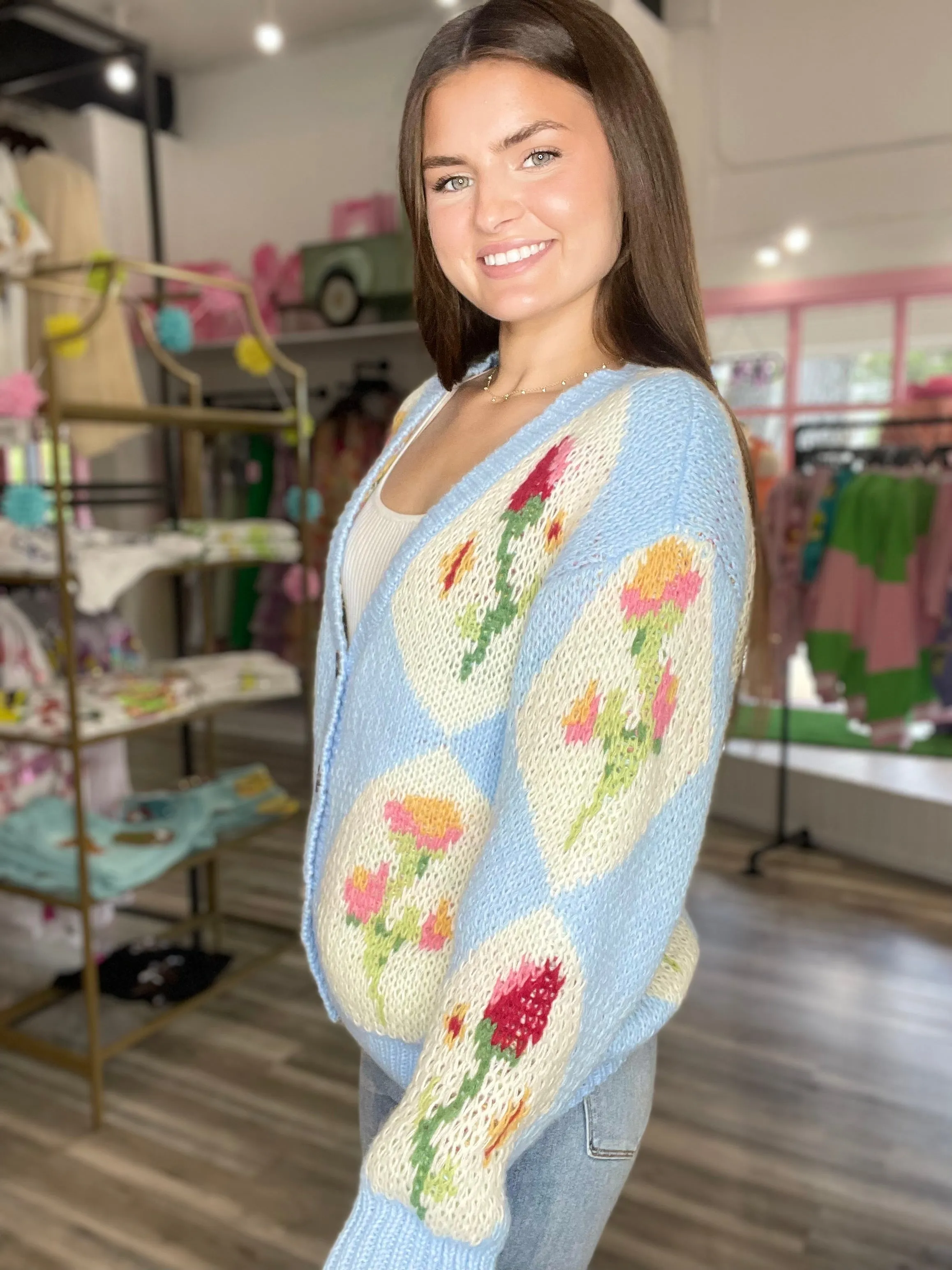 Fleur Diamond and Flower Knit Cardigan Sky Blue