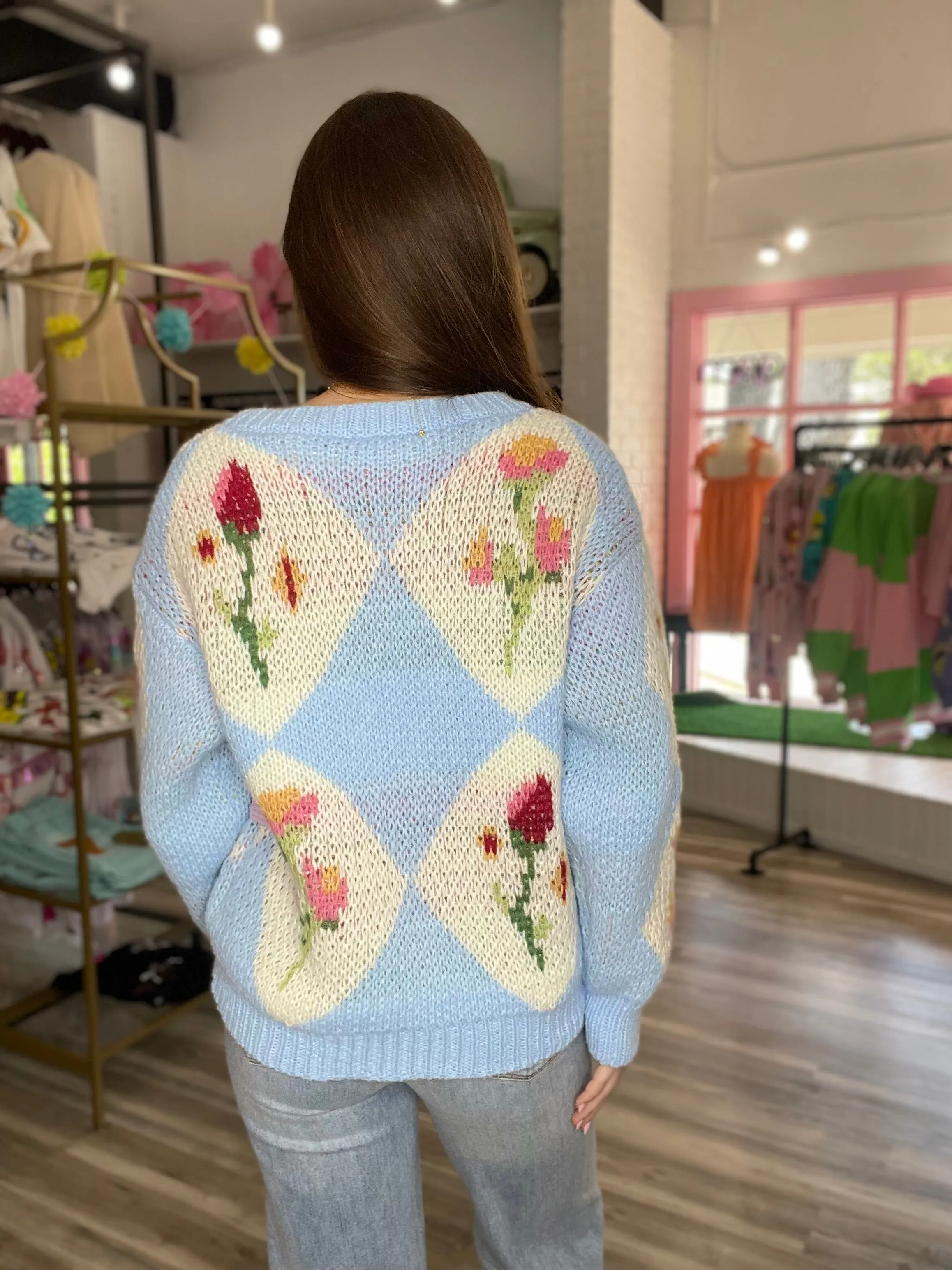 Fleur Diamond and Flower Knit Cardigan Sky Blue