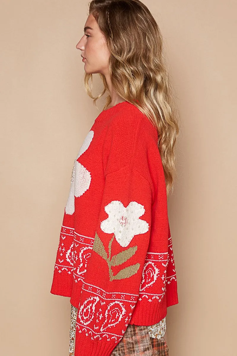 Flower Lace Patch Long Sleeve Sweater