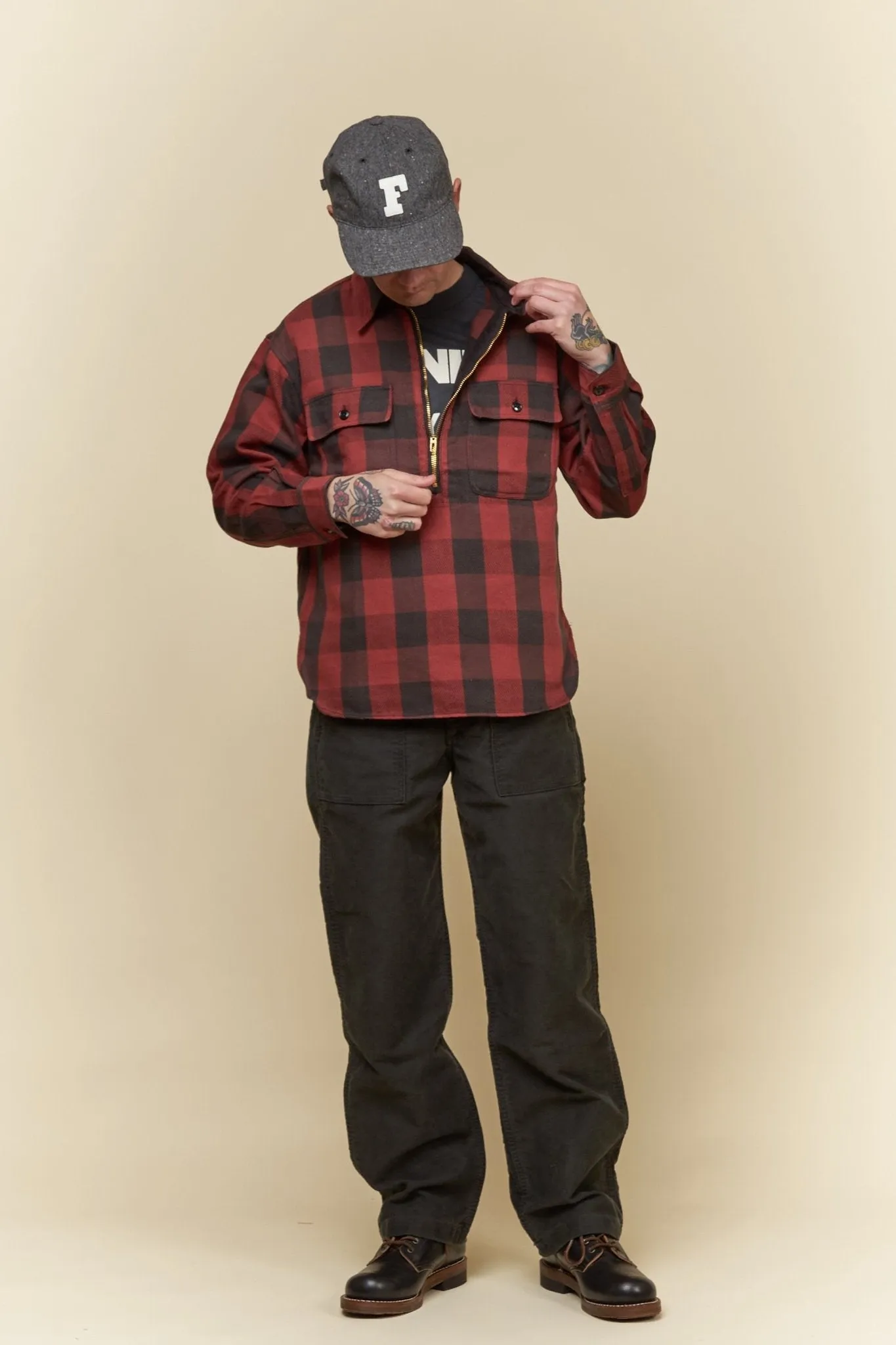 Fullcount Half Zip Pullover Classic Buffalo Check Flannel Shirt - Burgundy