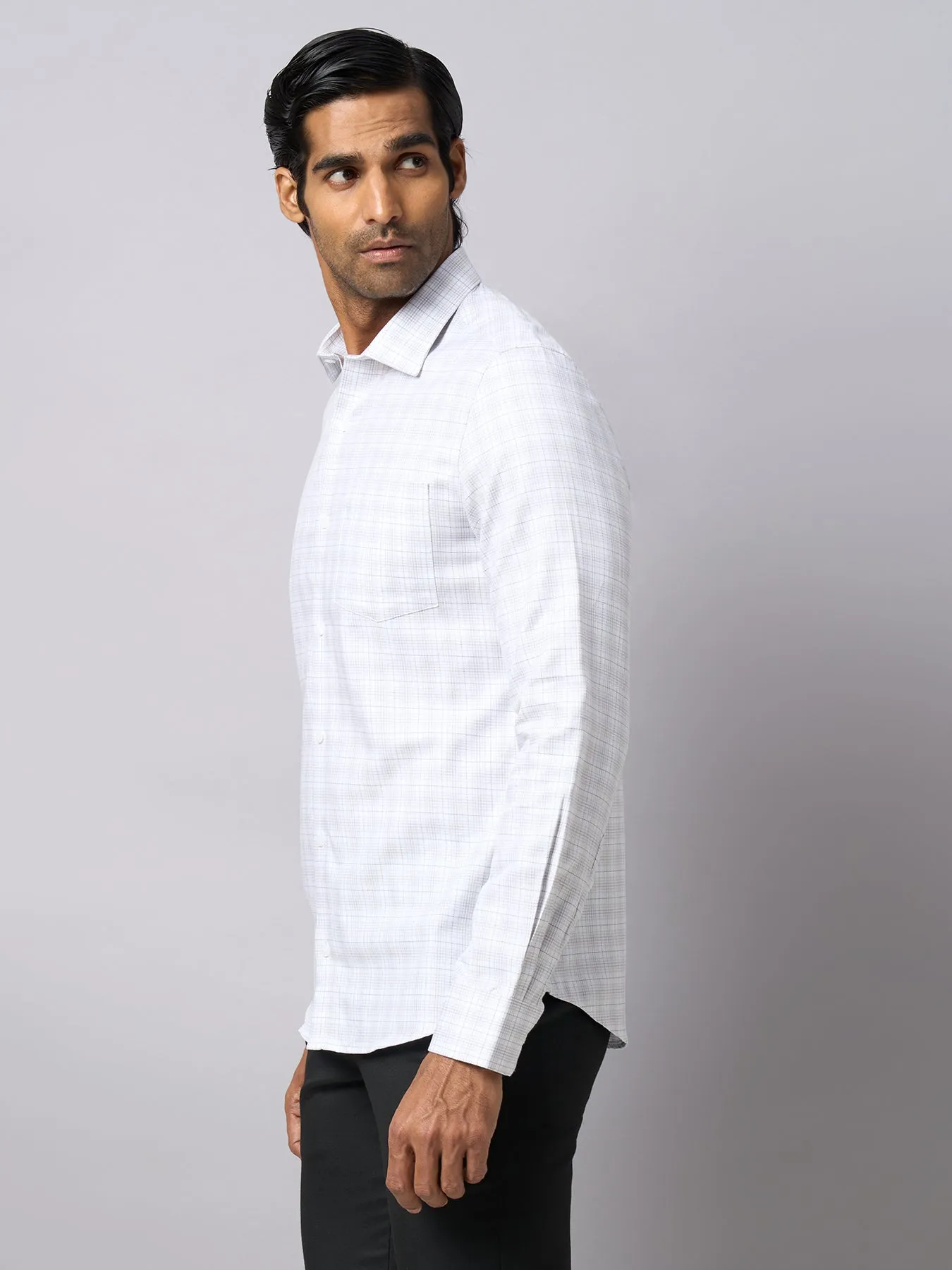 Giza Cotton Light Grey Checkered Slim Fit Full Sleeve Formal Shirt