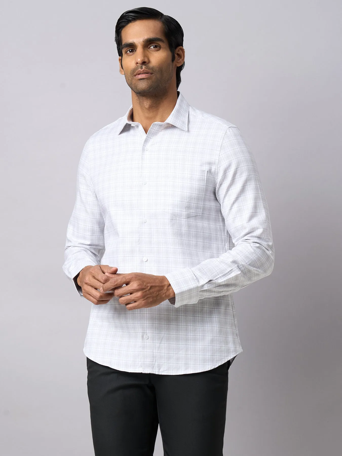 Giza Cotton Light Grey Checkered Slim Fit Full Sleeve Formal Shirt