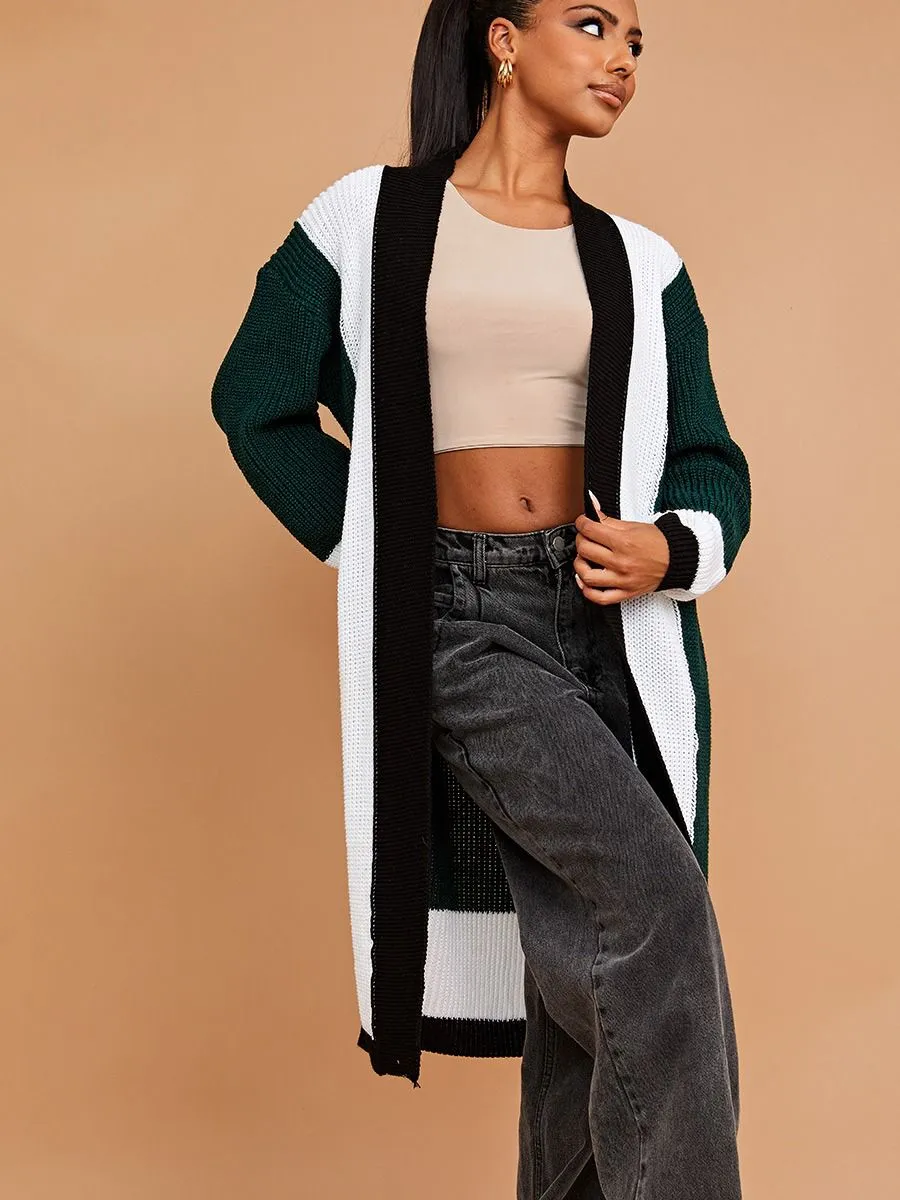 Green & White Long Knitted Cardigan