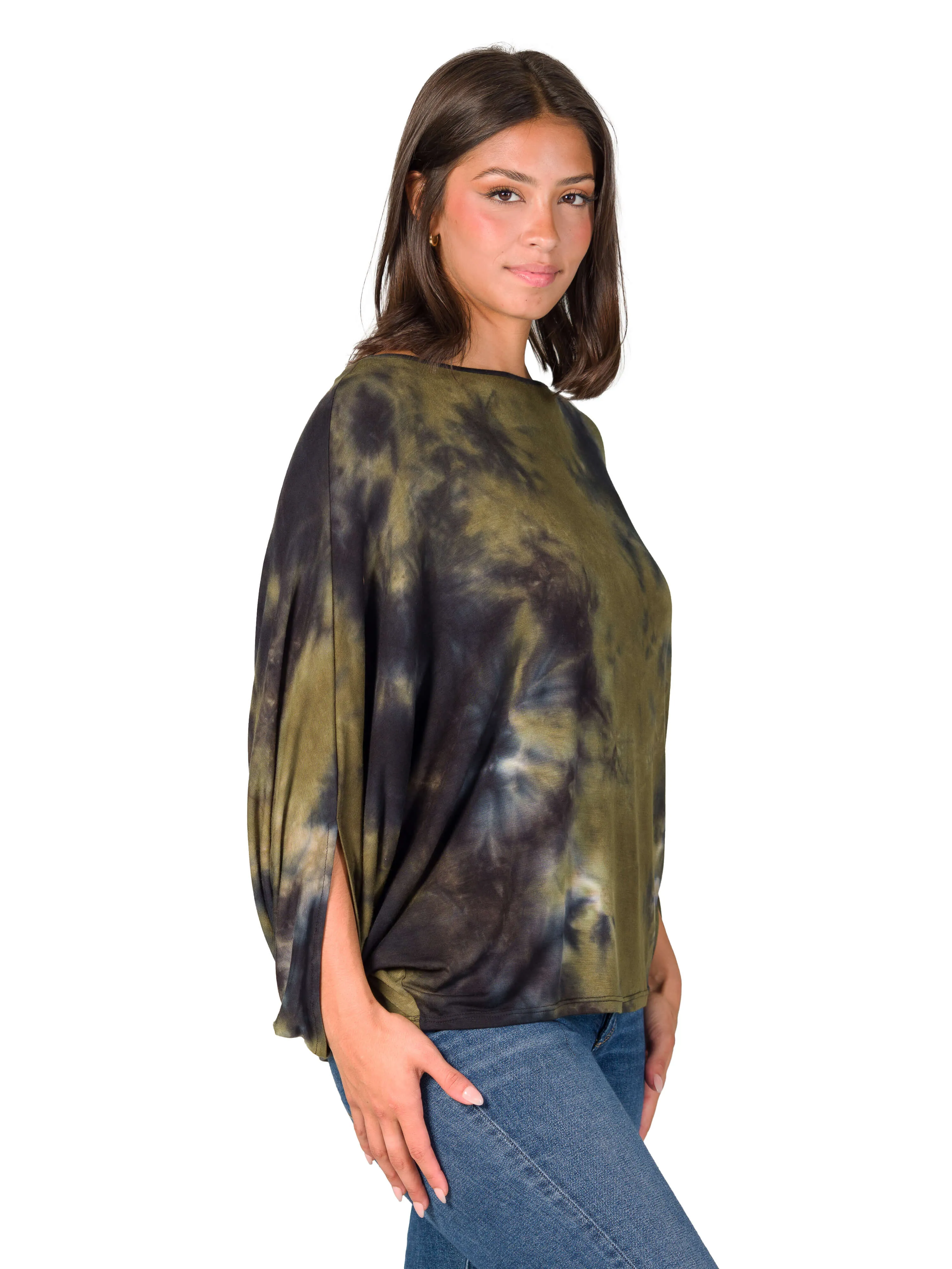 Green Tie Dye Batwing Sleeve Relaxed Fit Top