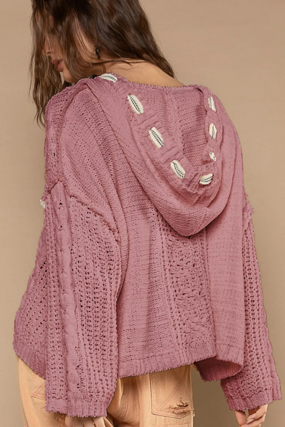 Hot Girl Cable Knit Hooded Chenille Sweater In Dusty Rose