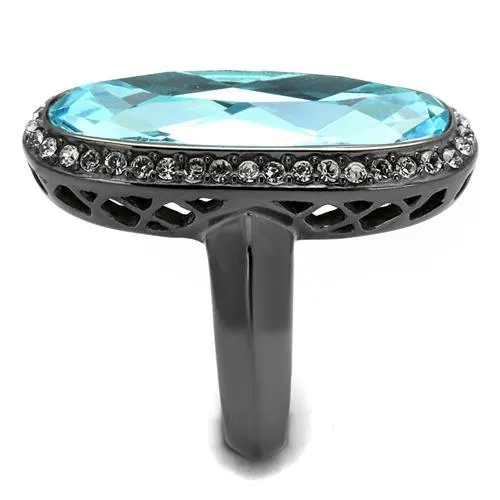 IP Light Black (IP Gun) Stainless Steel Ring with Top Grade Crystal in Sea Blue for Women Style TK2804