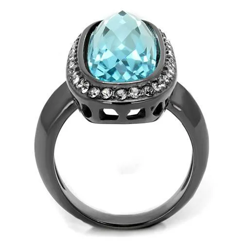 IP Light Black (IP Gun) Stainless Steel Ring with Top Grade Crystal in Sea Blue for Women Style TK2804