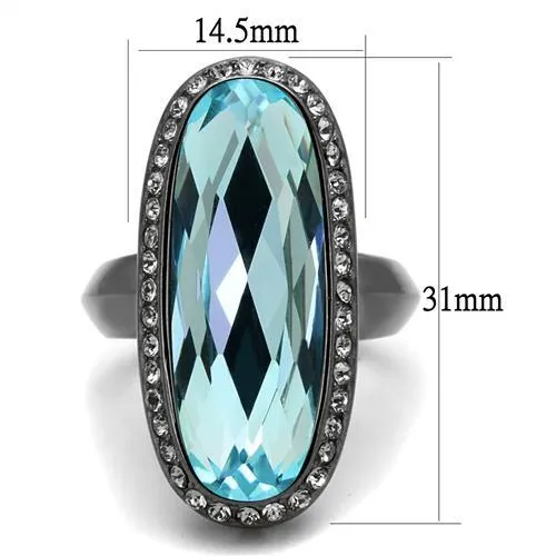 IP Light Black (IP Gun) Stainless Steel Ring with Top Grade Crystal in Sea Blue for Women Style TK2804