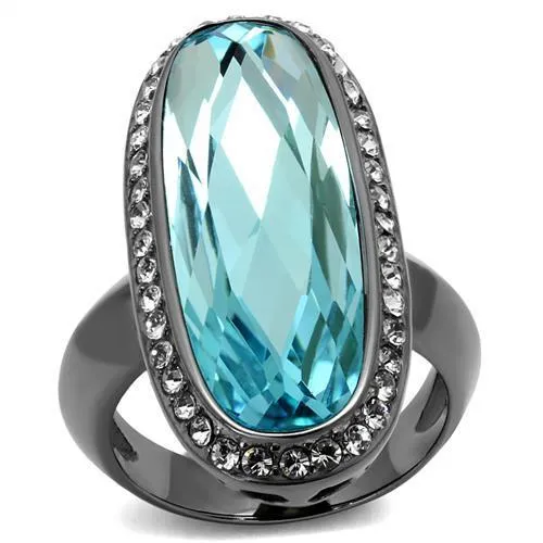 IP Light Black (IP Gun) Stainless Steel Ring with Top Grade Crystal in Sea Blue for Women Style TK2804