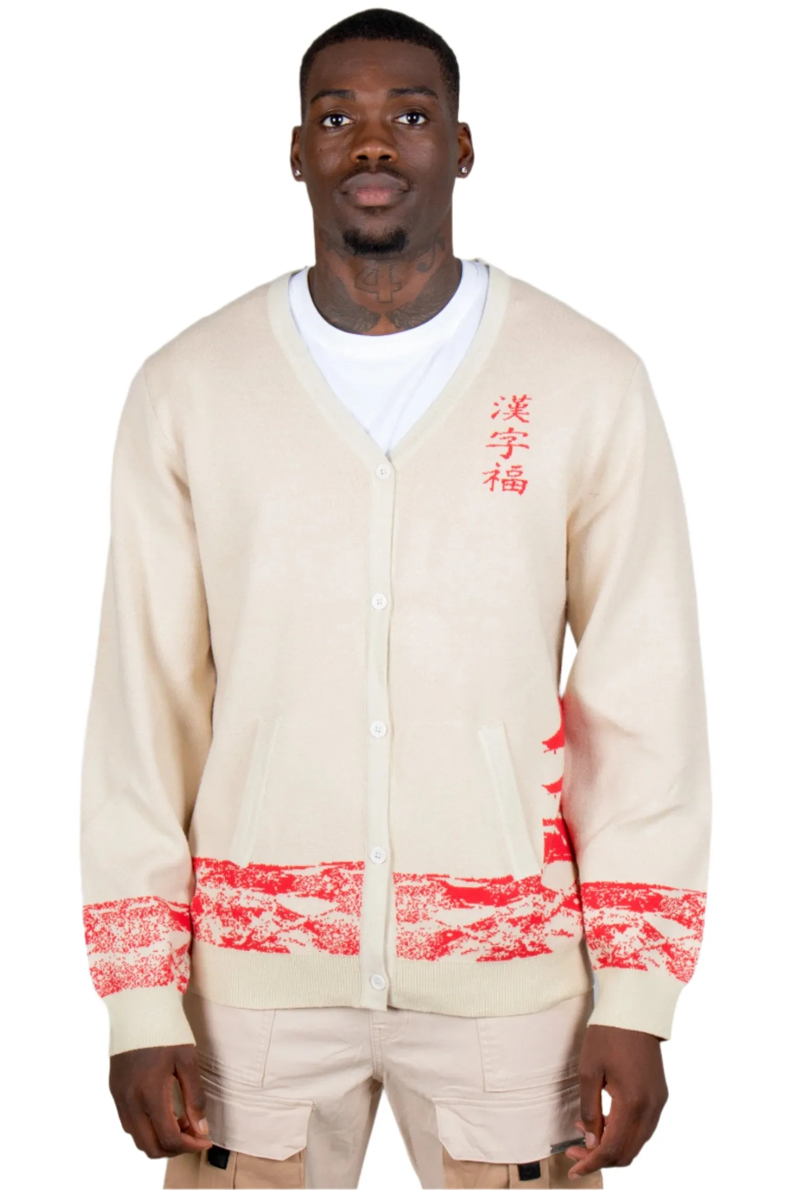 Japanese Landscape Knitted Cardigan In Beige