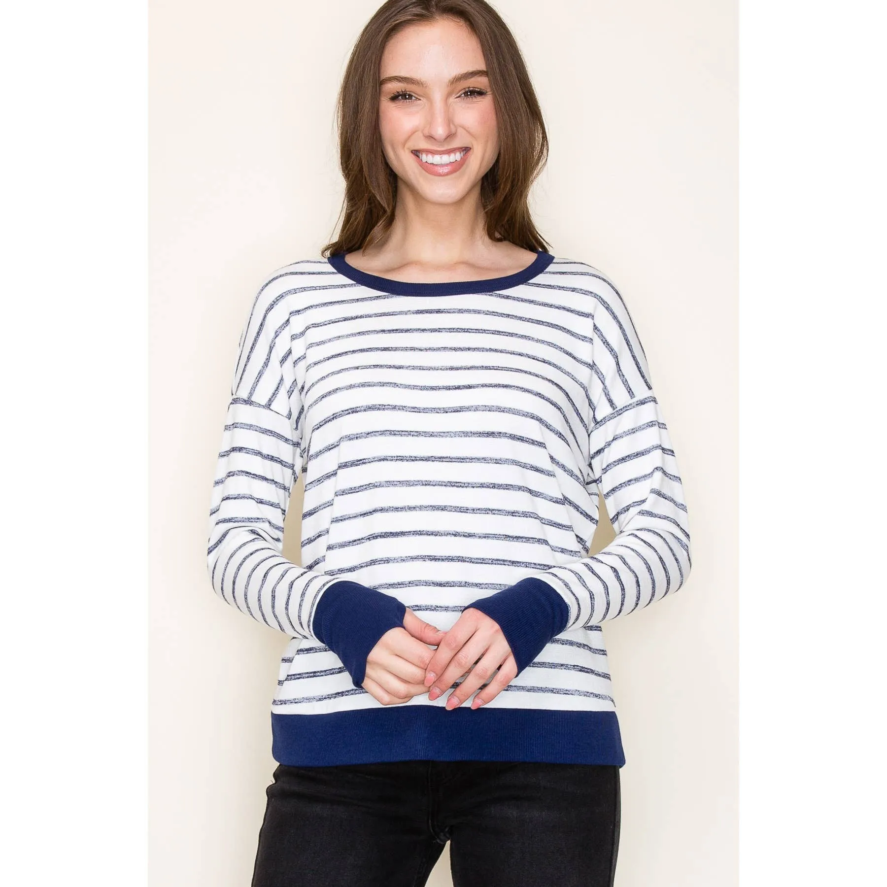 Lara Long Sleeve Thumbhole Cuffs Striped Top