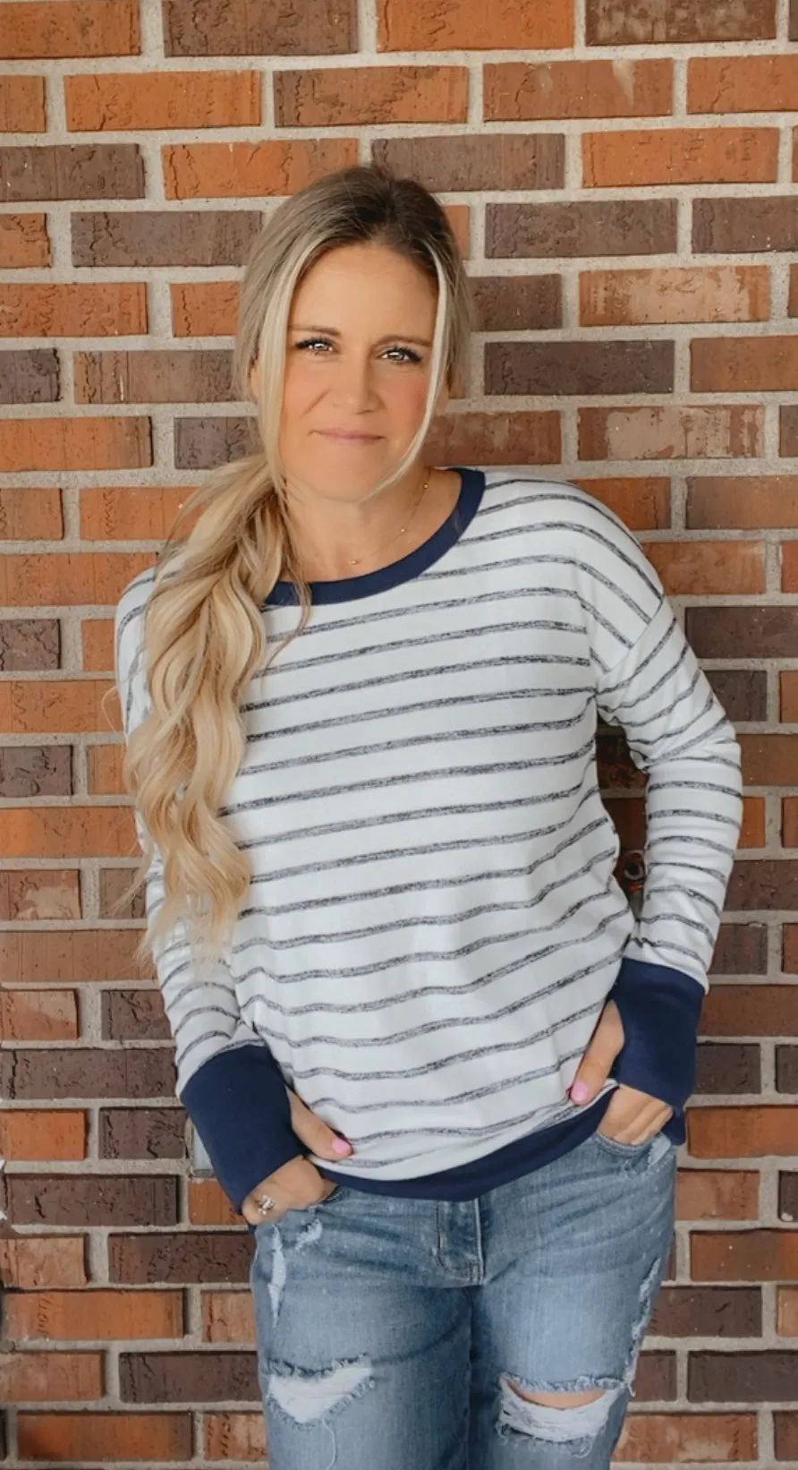 Lara Long Sleeve Thumbhole Cuffs Striped Top