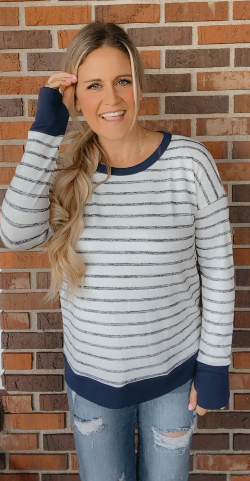 Lara Long Sleeve Thumbhole Cuffs Striped Top