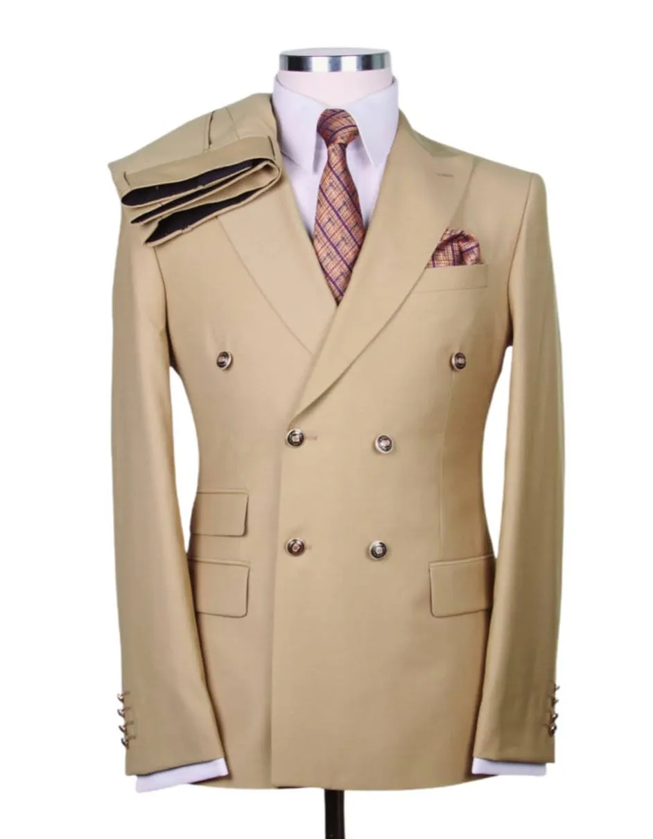 Mens Designer Modern Fit Double Breasted Designer Camel Gold Buttons Suit