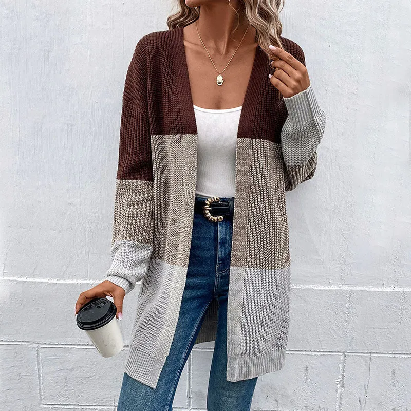 METAVERSMALL 2025 knitted jacket New autumn and winter new design contrast color medium and long sweater cardigan women