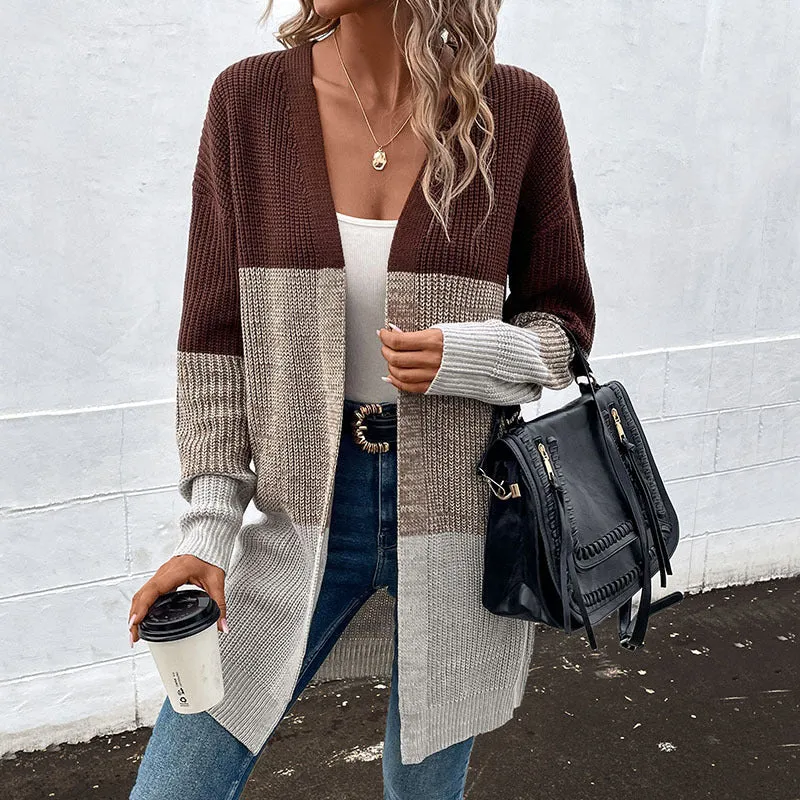 METAVERSMALL 2025 knitted jacket New autumn and winter new design contrast color medium and long sweater cardigan women