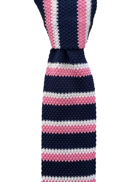 Navy Blue, Pink and White Striped Knit Tie