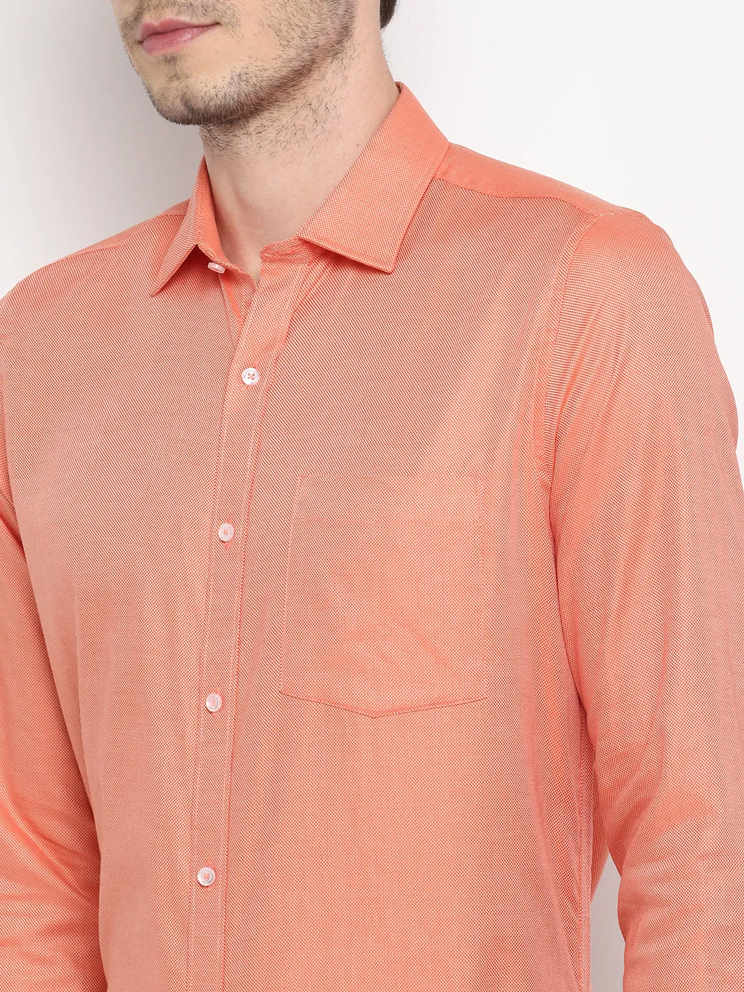 Orange Cotton Self Design Slim Fit Shirt