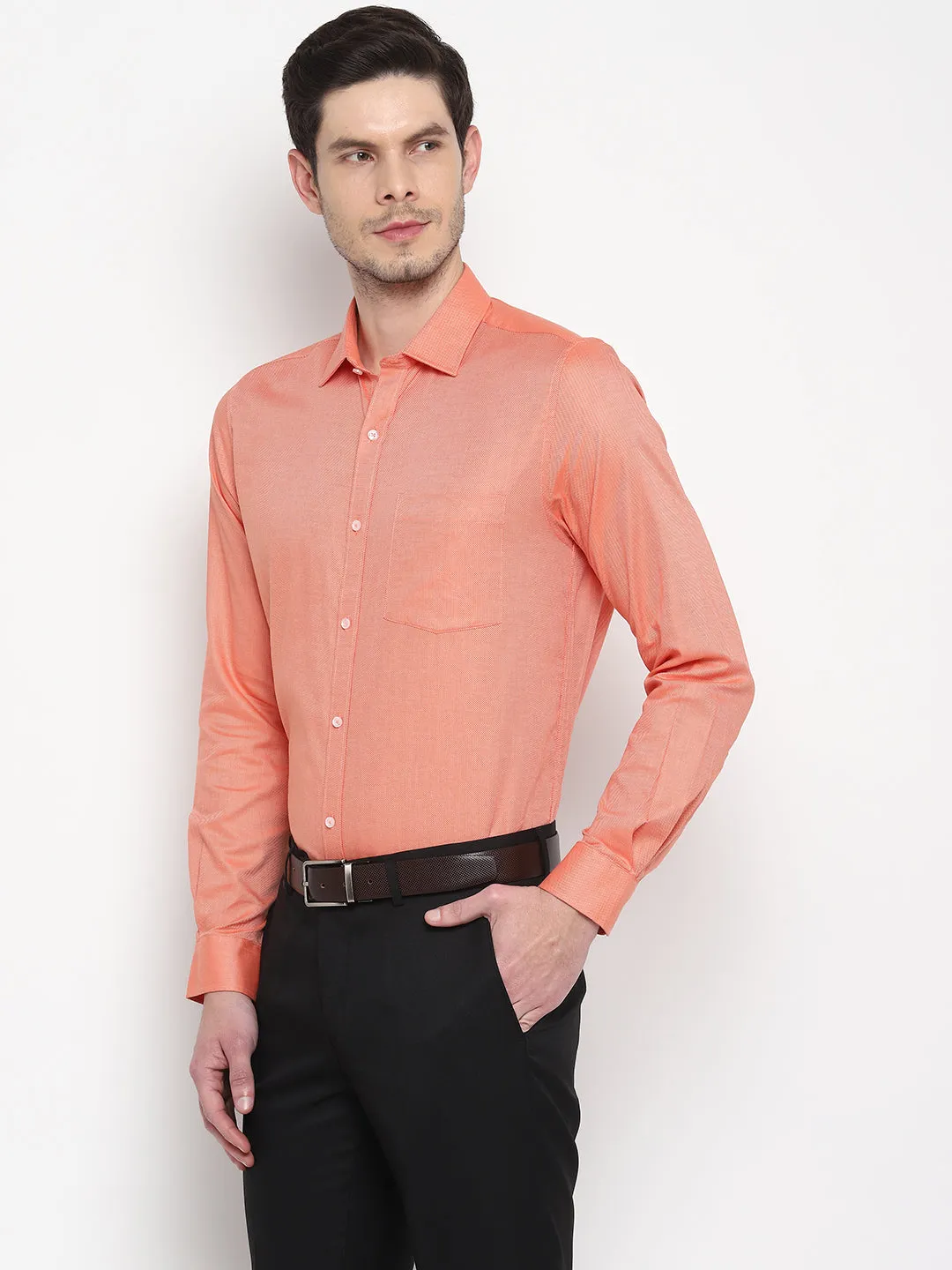 Orange Cotton Self Design Slim Fit Shirt