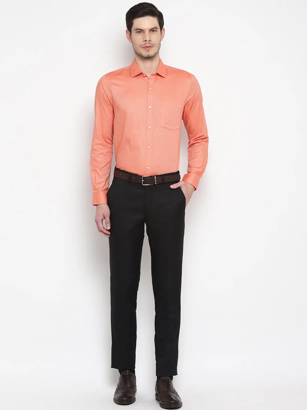 Orange Cotton Self Design Slim Fit Shirt