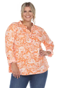 Pleated Long Sleeve Floral Print Blouse | Orange