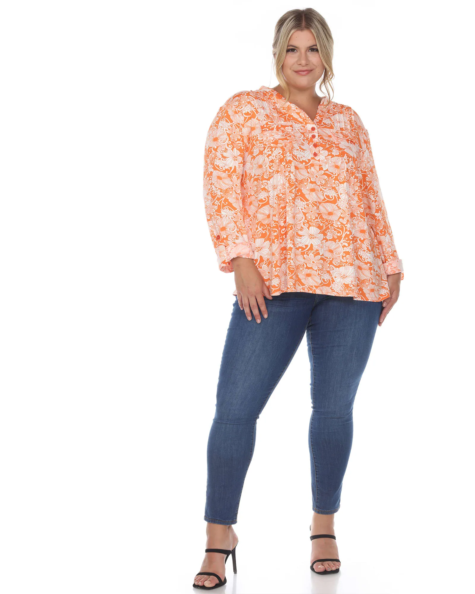 Pleated Long Sleeve Floral Print Blouse | Orange