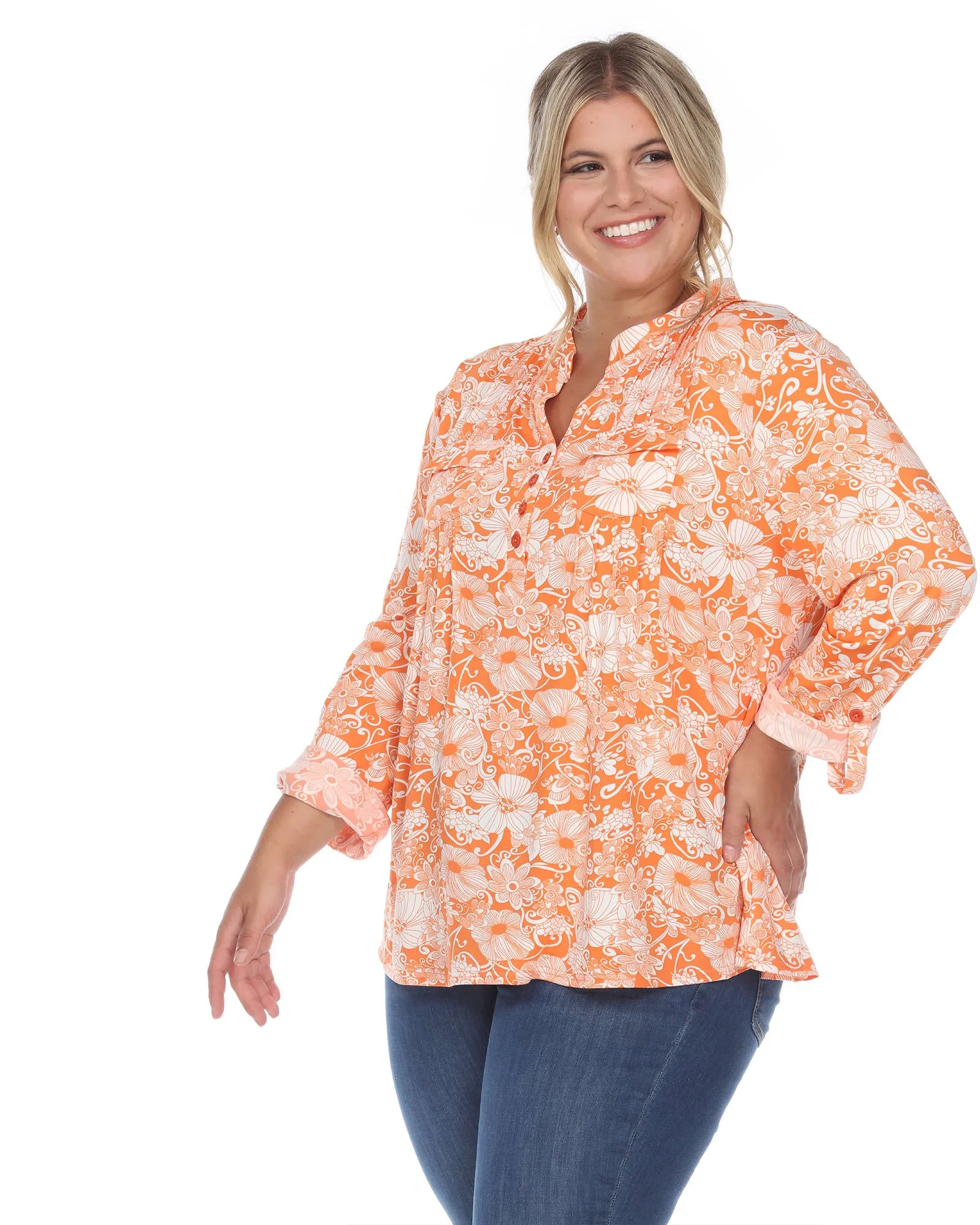 Pleated Long Sleeve Floral Print Blouse | Orange