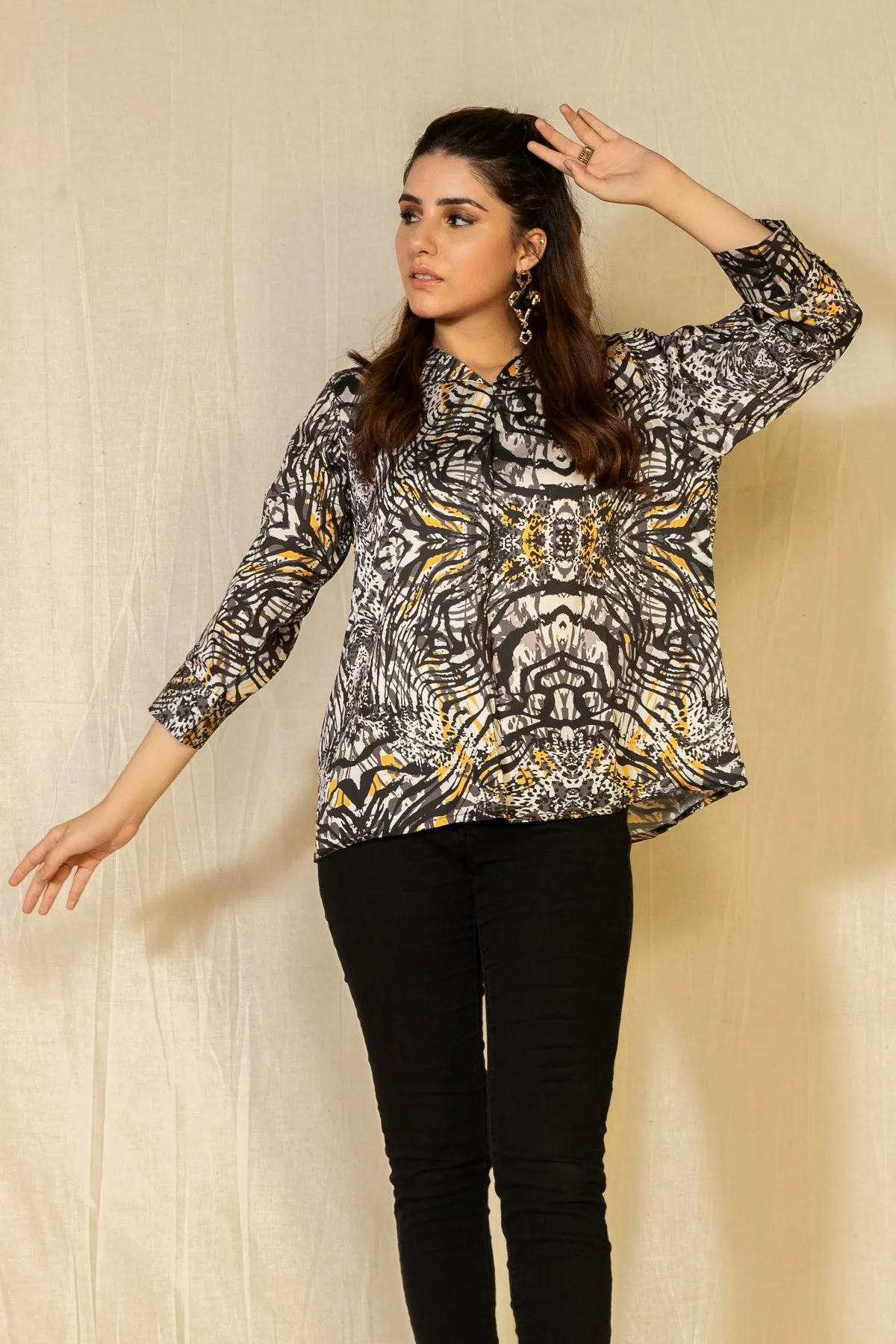 Printed Lapel Collar Top - A21 - WWT0001