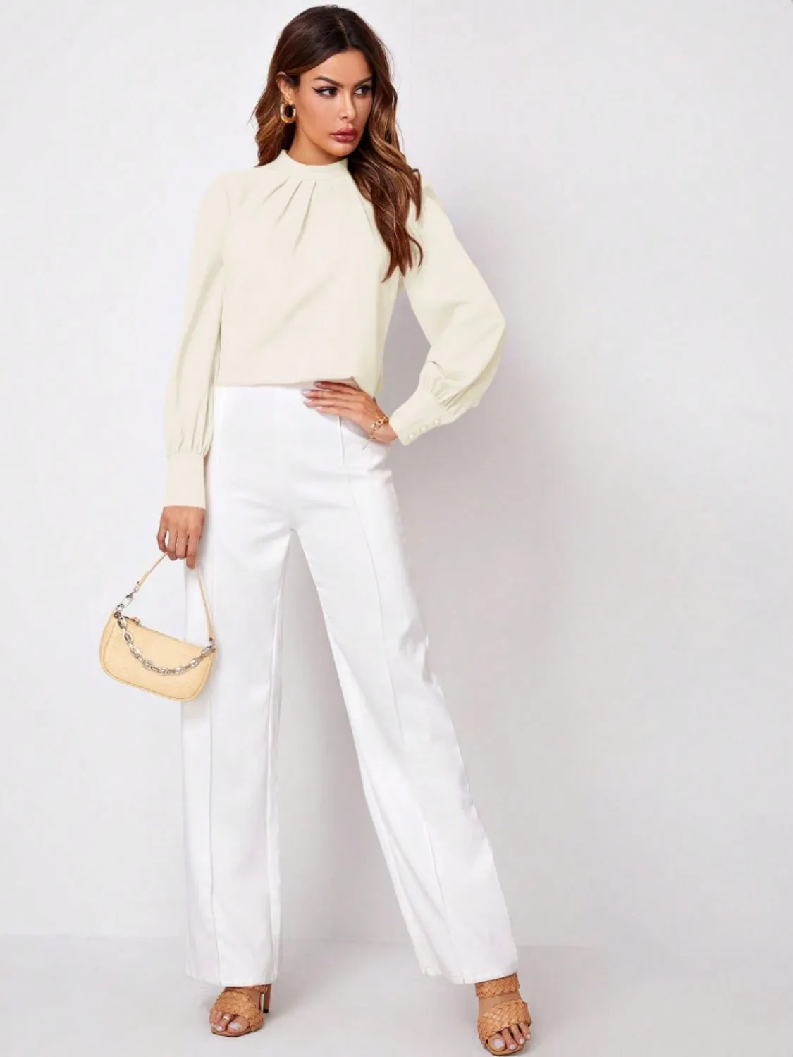 Ruched Mock Neck Long Sleeve Blouse