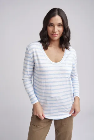 Scoop Neck Stripe Cotton Pocket Tee Ballard Blue/White