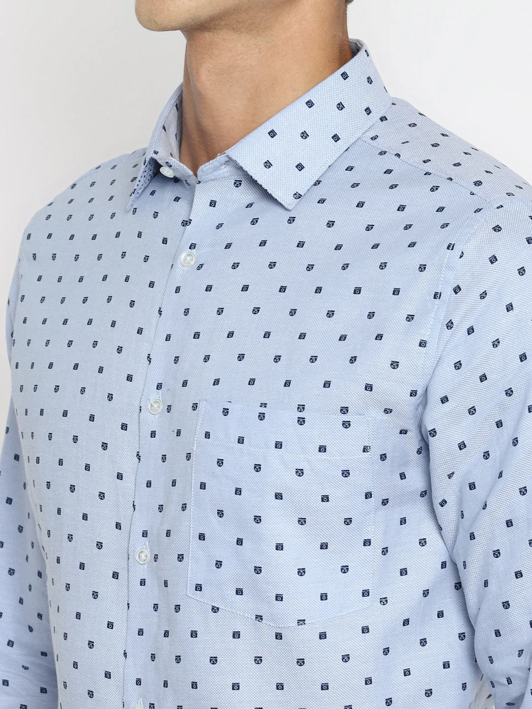 Sky Blue Cotton Printed Slim Fit Shirt