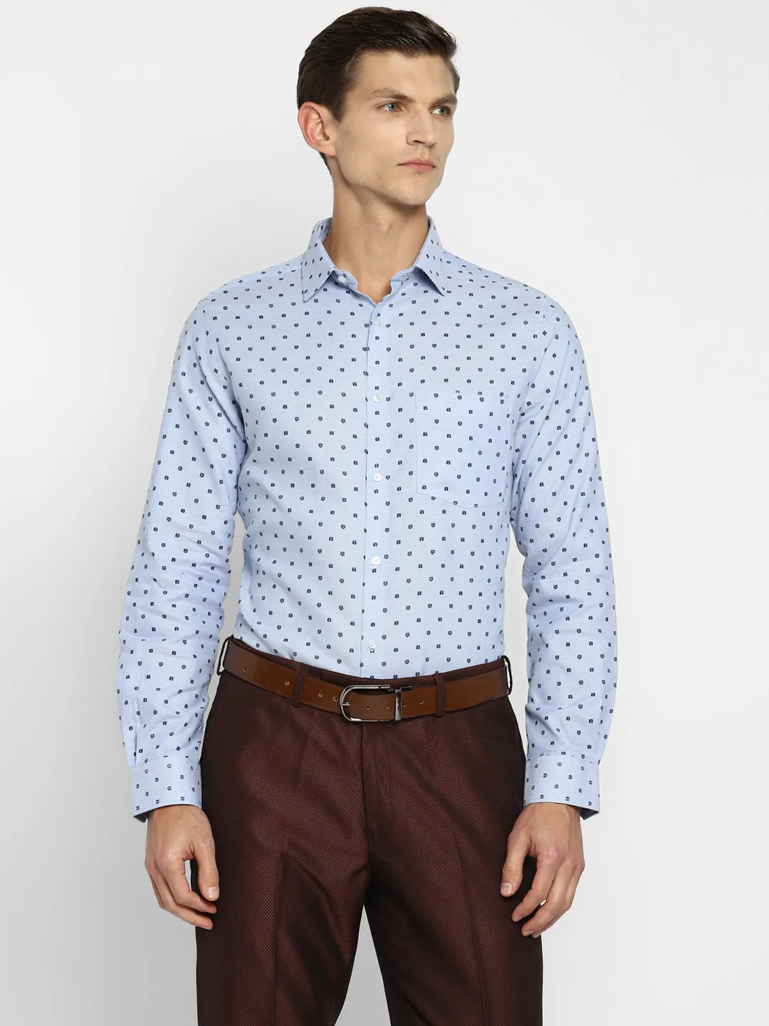 Sky Blue Cotton Printed Slim Fit Shirt