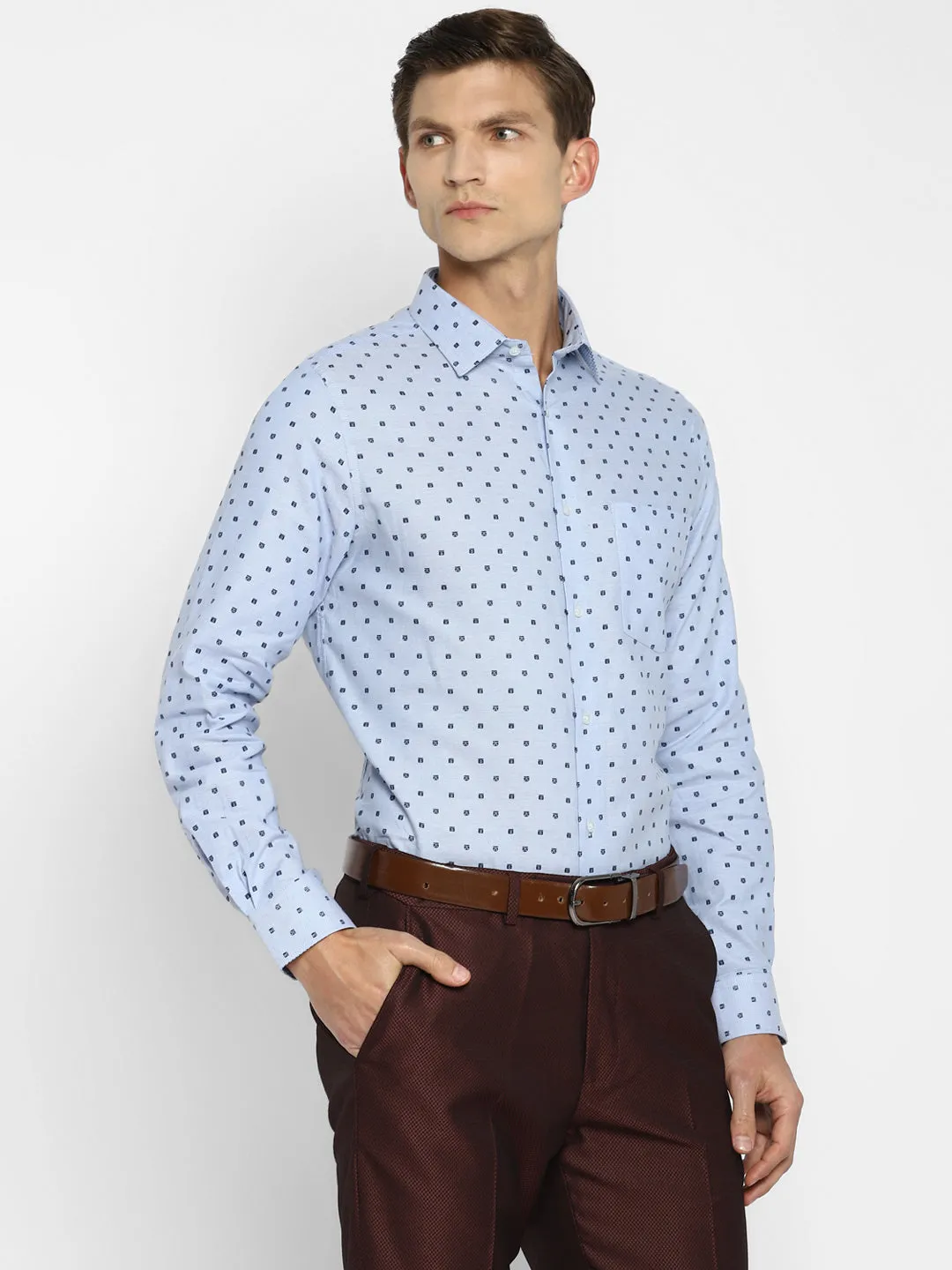 Sky Blue Cotton Printed Slim Fit Shirt