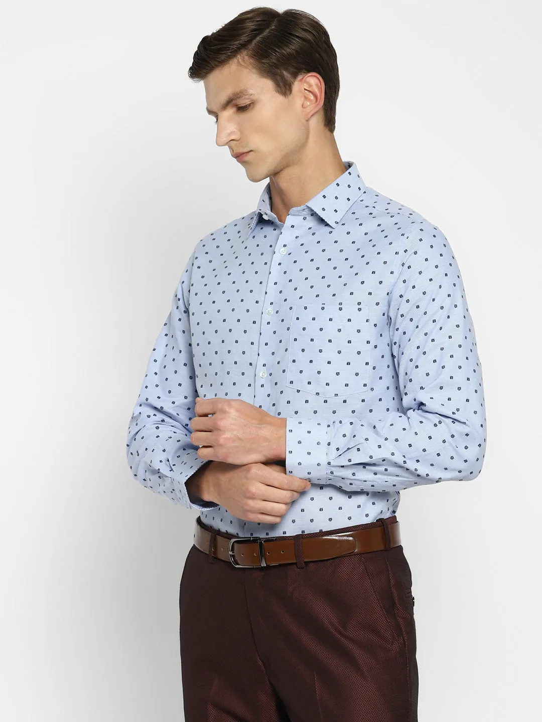 Sky Blue Cotton Printed Slim Fit Shirt