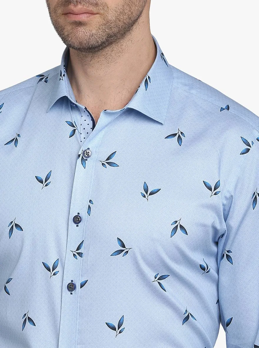 Sky Blue Printed Slim Fit Party Wear Shirt  | JB Studio