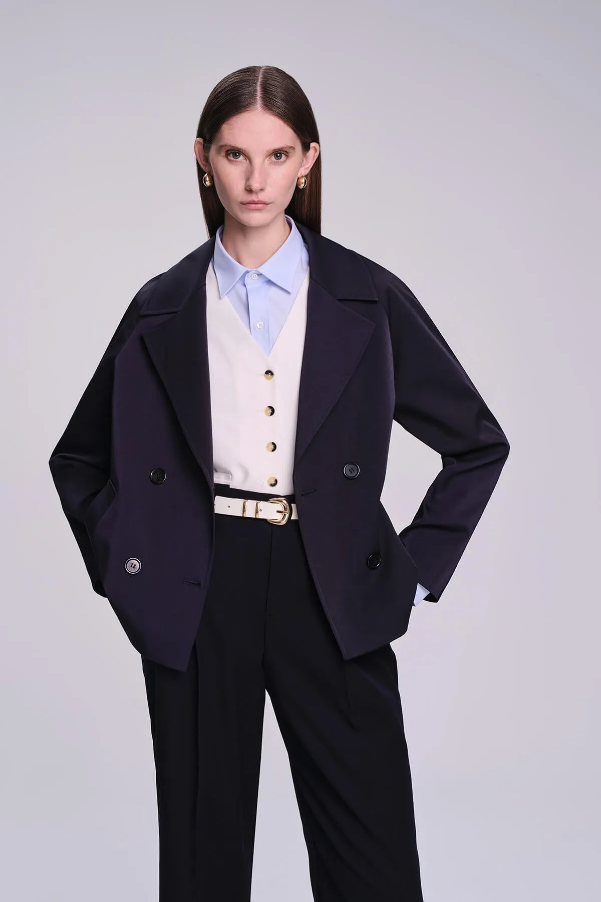 Slim Fit Cachet Sarah Cotton Blend Navy Long Coat